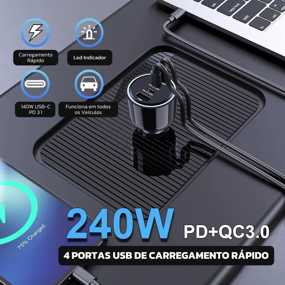 Carregador Automotivo Rápido 240W USB-C