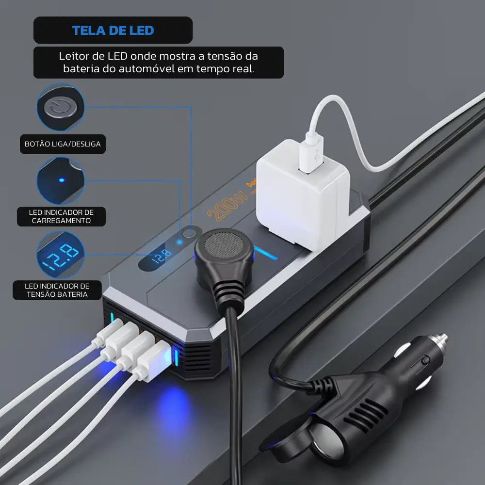 Inversor de Energia Automotivo 200W com USB-C