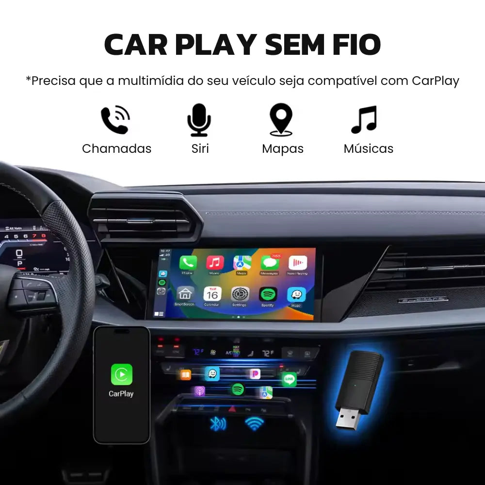 Mini Adaptador Sem Fio CarPlay e Android Auto para Multimídia