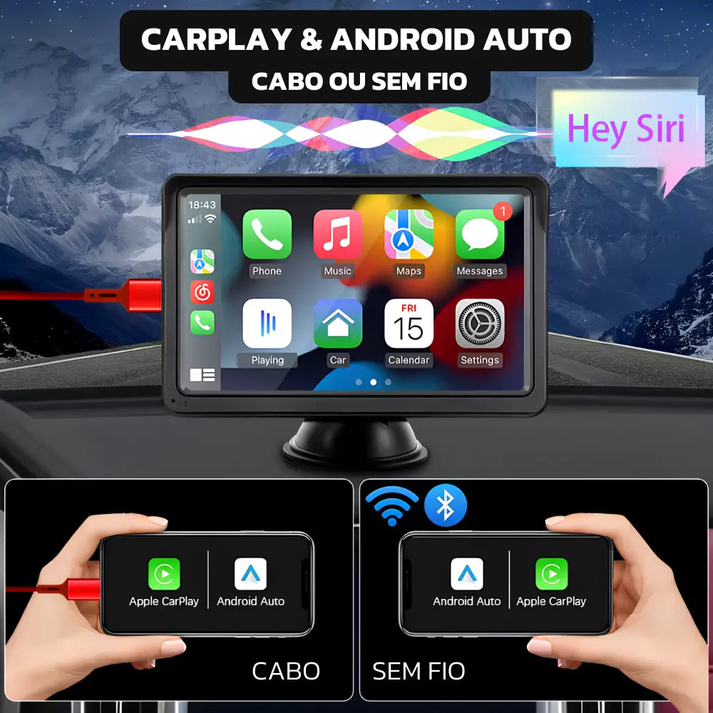 Tela Multimídia Touch de 7 Polegadas com CarPlay e Android Auto + Câmera de Ré