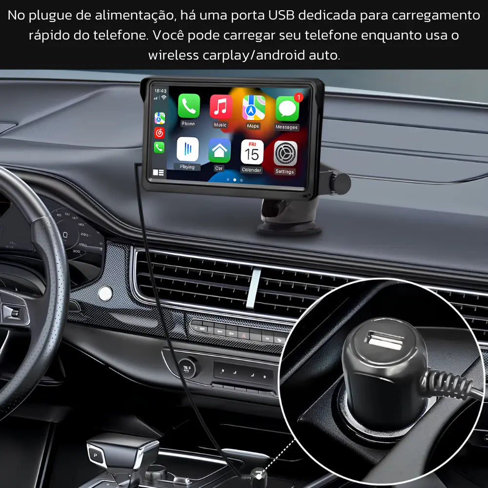 Tela Multimídia Touch de 7 Polegadas com CarPlay e Android Auto + Câmera de Ré